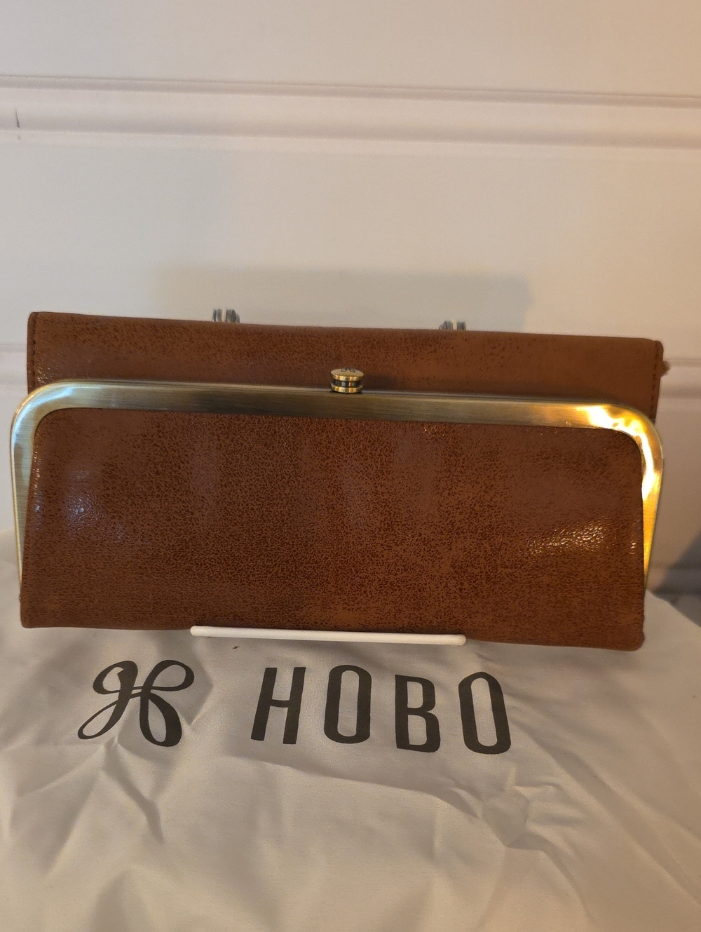 HOBO RACHEL BURNISHED SADDLE Leather Frame Clutch with Gold-Tone Hardware